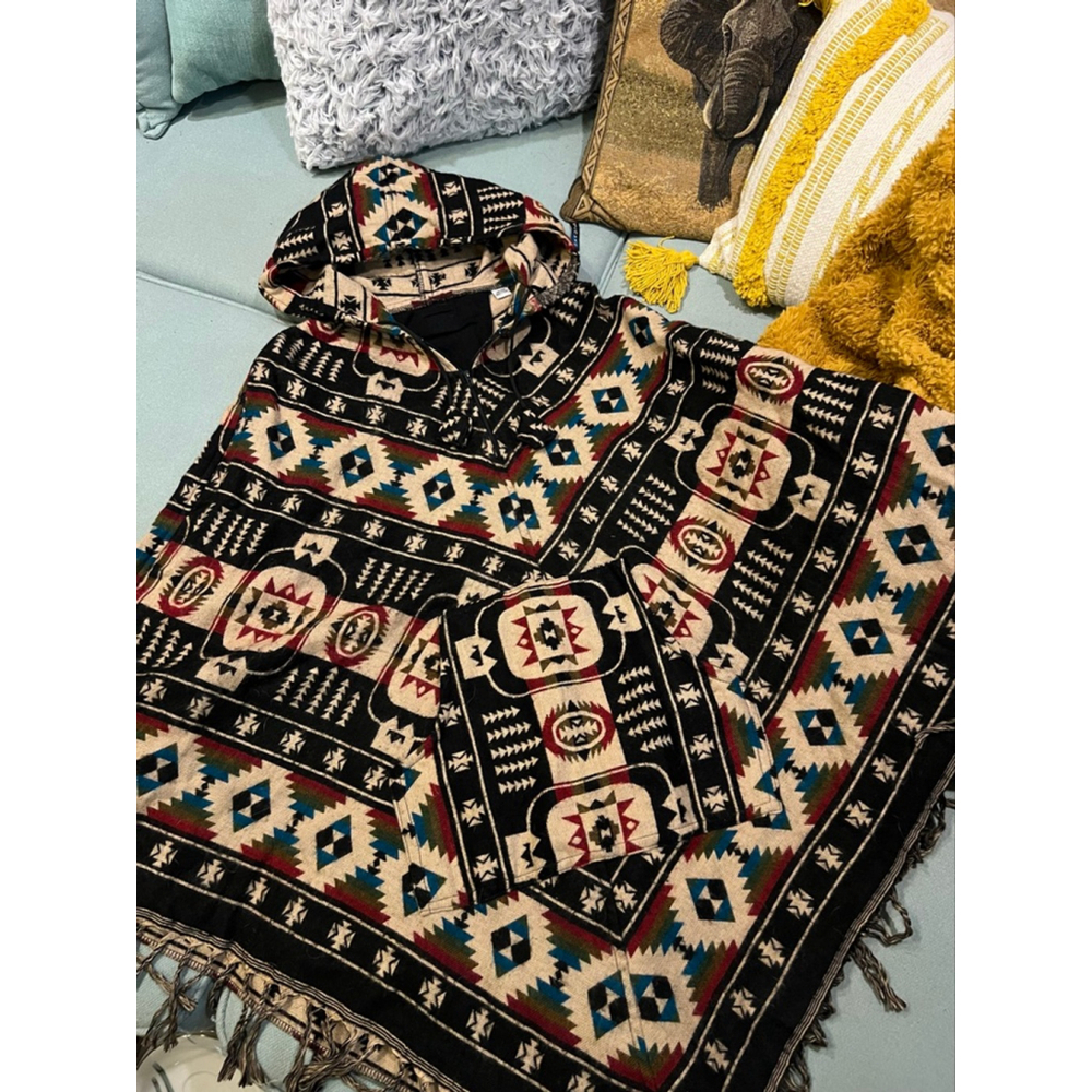 Women's Unbranded Black & Beige Patterned Hooded Poncho
